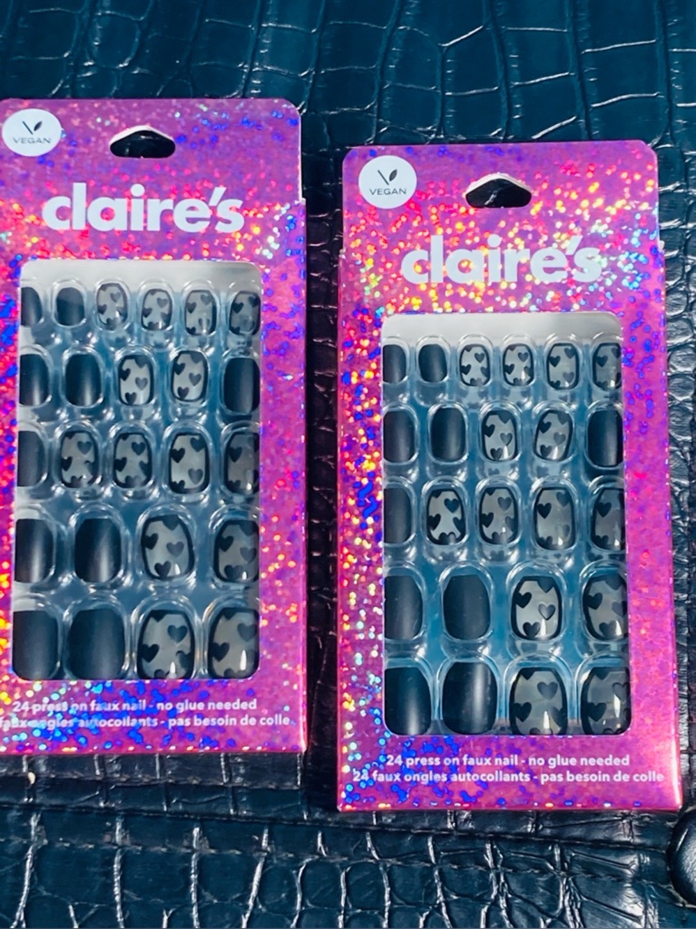 NWT claire's 2‎ Packs Black Hearts Press-On Nail Sets Vegan No Glue Needed